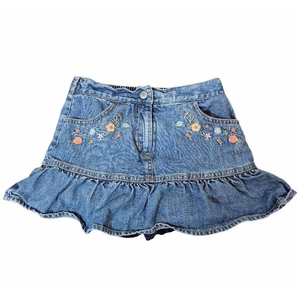 Gymboree Vintage embroidered floral ruffle denim jean skort shorts skirt girls 4